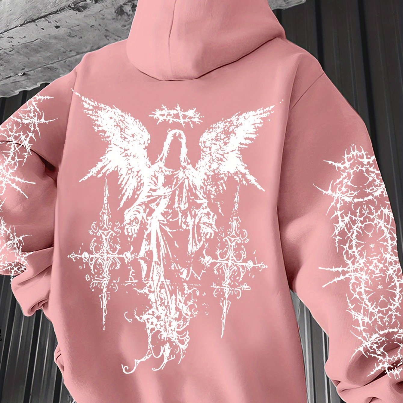 Men's Angel Element Graffiti Thorn Print Streetwear Hip-Hop Punk Style Hooded Sweatshirt, Regular Fit with Hooded Collar, Solid Color with Graphic Print, Casual Long-Sleeve Pullover