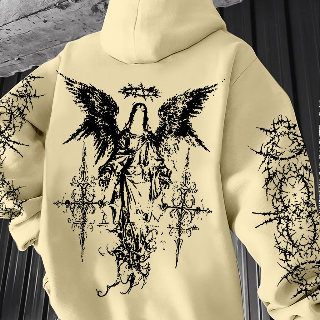 Men's Angel Element Graffiti Thorn Print Streetwear Hip-Hop Punk Style Hooded Sweatshirt, Regular Fit with Hooded Collar, Solid Color with Graphic Print, Casual Long-Sleeve Pullover
