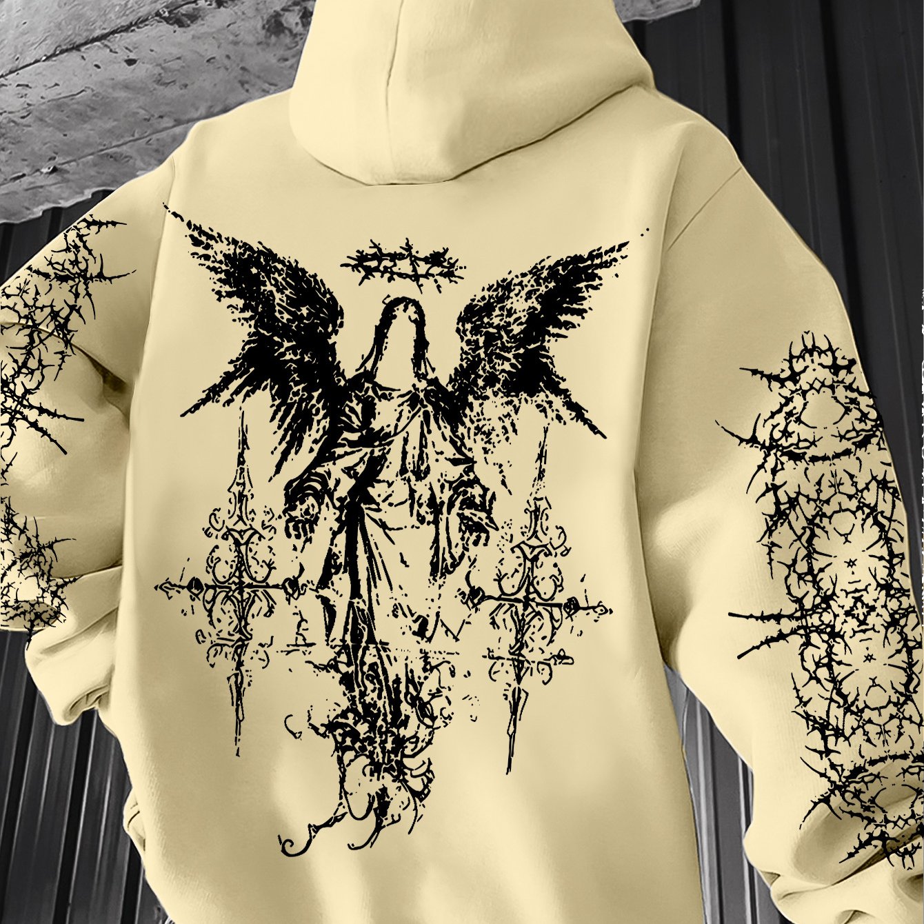 Men's Angel Element Graffiti Thorn Print Streetwear Hip-Hop Punk Style Hooded Sweatshirt, Regular Fit with Hooded Collar, Solid Color with Graphic Print, Casual Long-Sleeve Pullover