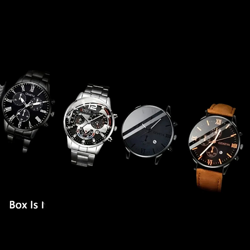 4-Piece Men's Fashion Watch Set, Quartz Sports Watch with Round Zinc Alloy Case, Faux Leather and Stainless Steel Straps, Battery Powered, Multi-Time Zone and Date Function, Ideal for Valentine's Day, Easter, Ramadan, Birthda