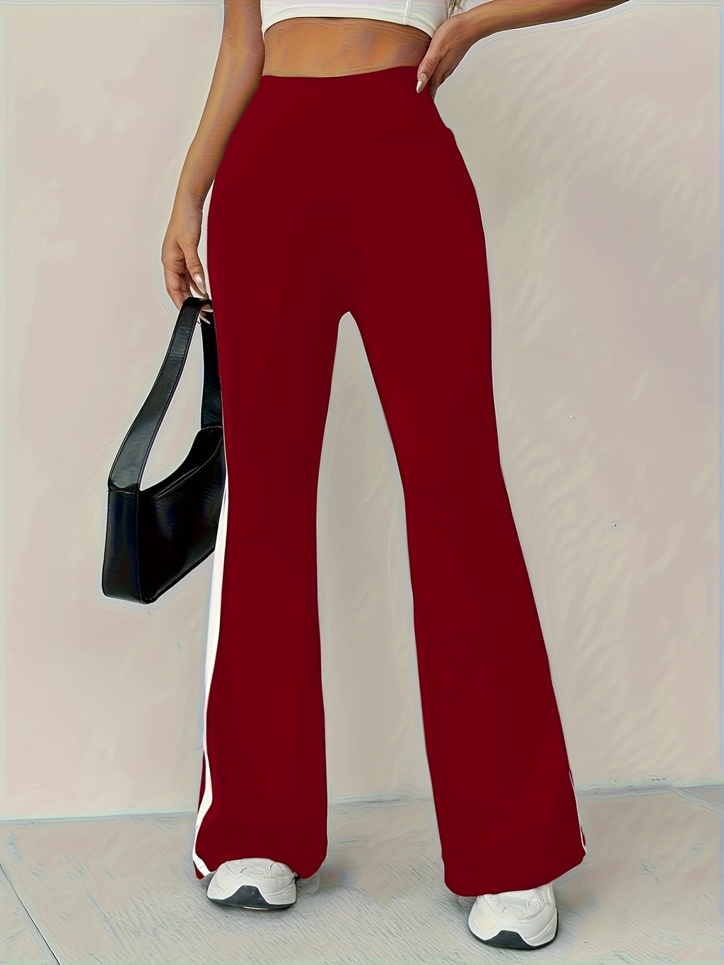 High-Waist Black Flare Pants with White Side Stripes | and Leg-Lengthening, Casual Style, Suitable for All Seasons