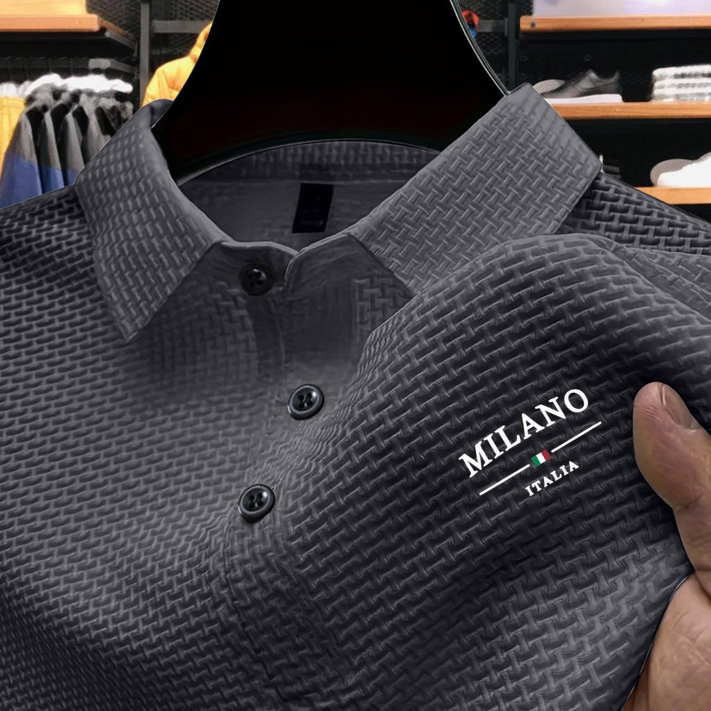 Men'S Short Sleeve Polo Shirt with Milan Letter Print | Casual Lapel Collar, Medium Stretch Fabric, Geometric Pattern, Button Details, Comfortable and Versatile for Summer