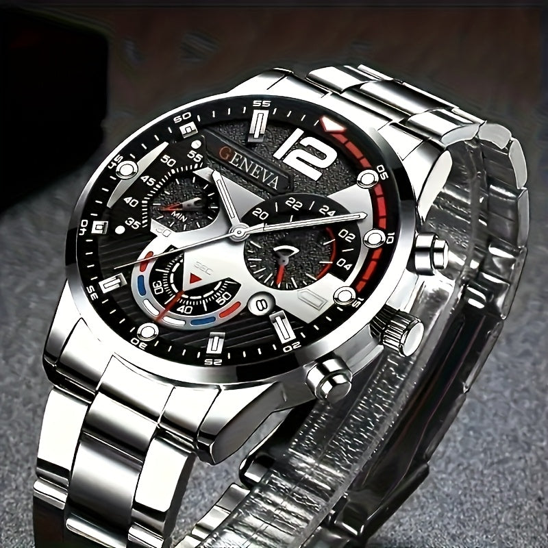 4-Piece Men's Fashion Watch Set, Quartz Sports Watch with Round Zinc Alloy Case, Faux Leather and Stainless Steel Straps, Battery Powered, Multi-Time Zone and Date Function, Ideal for Valentine's Day, Easter, Ramadan, Birthda