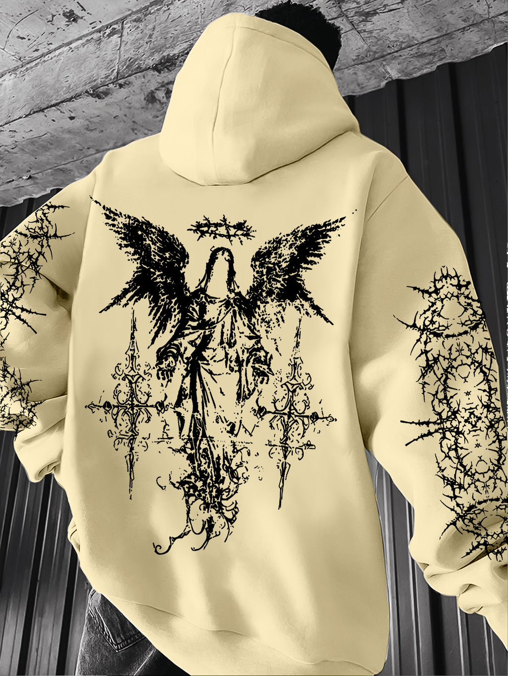 Men's Angel Element Graffiti Thorn Print Streetwear Hip-Hop Punk Style Hooded Sweatshirt, Regular Fit with Hooded Collar, Solid Color with Graphic Print, Casual Long-Sleeve Pullover