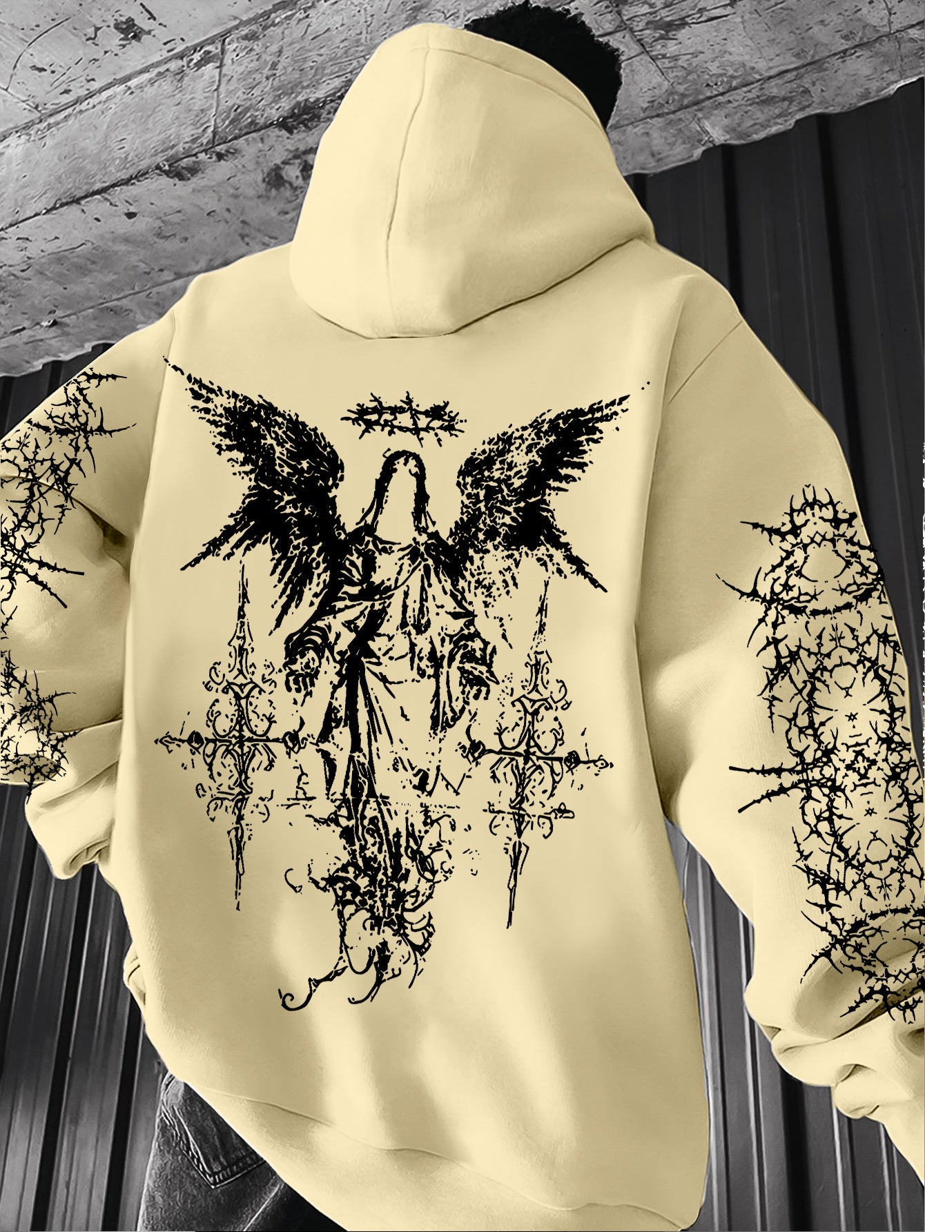 Men's Angel Element Graffiti Thorn Print Streetwear Hip-Hop Punk Style Hooded Sweatshirt, Regular Fit with Hooded Collar, Solid Color with Graphic Print, Casual Long-Sleeve Pullover