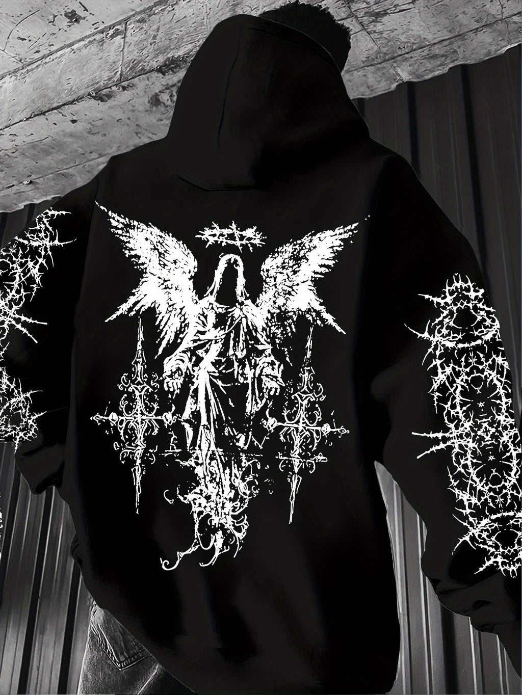 Men's Angel Element Graffiti Thorn Print Streetwear Hip-Hop Punk Style Hooded Sweatshirt, Regular Fit with Hooded Collar, Solid Color with Graphic Print, Casual Long-Sleeve Pullover