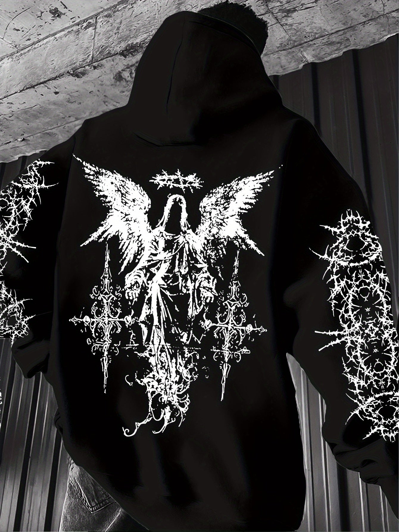 Men's Angel Element Graffiti Thorn Print Streetwear Hip-Hop Punk Style Hooded Sweatshirt, Regular Fit with Hooded Collar, Solid Color with Graphic Print, Casual Long-Sleeve Pullover