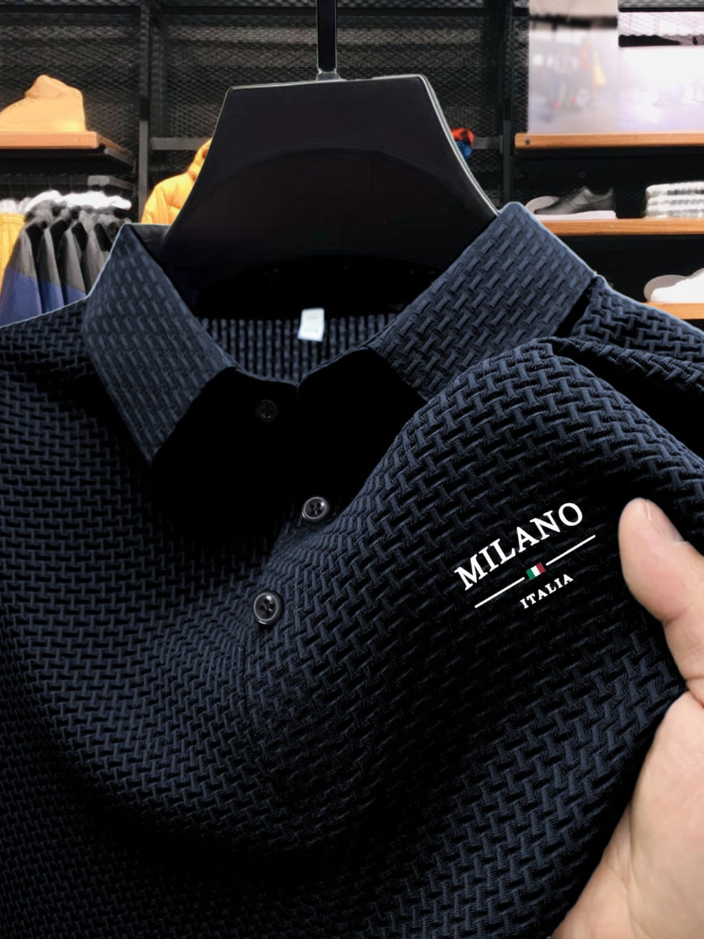 Men'S Short Sleeve Polo Shirt with Milan Letter Print | Casual Lapel Collar, Medium Stretch Fabric, Geometric Pattern, Button Details, Comfortable and Versatile for Summer