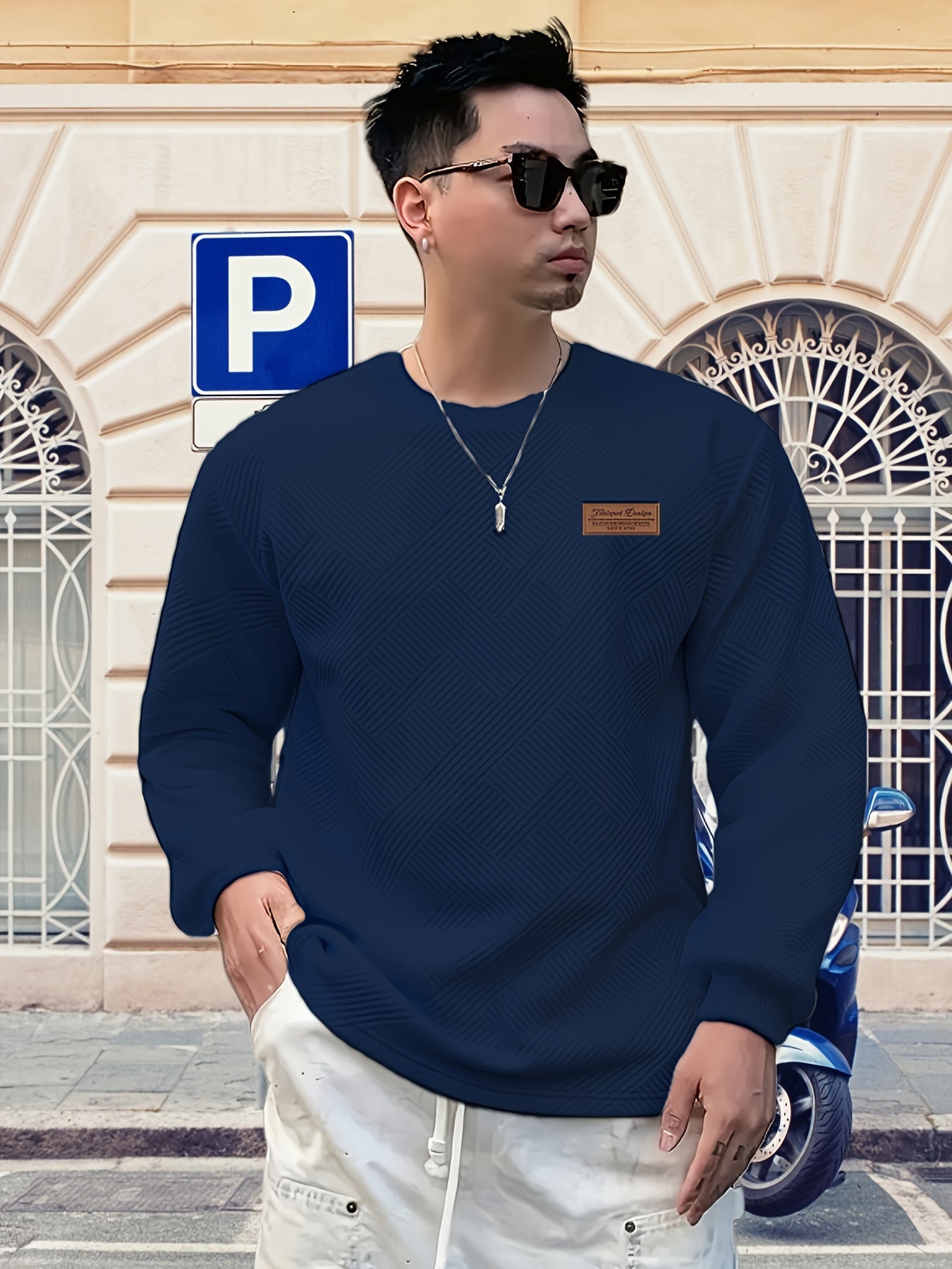 Valentine's Day Men's Gift, Men's Fashion Heavyweight Jacquard Crew Neck Long Sleeve Sweatshirt, Spring/Autumn Casual Comfortable Top for Daily Outings