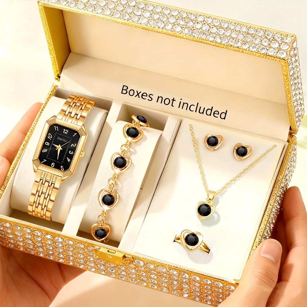 6pcs Luxury Resort Style Analog Quartz Women's Watch Set, 1pc Square Dial Watch + 5pcs Heart-Shaped Jewelry Set, Perfect Holiday Gift for Sisters, Ideal for Thanksgiving and Christmas