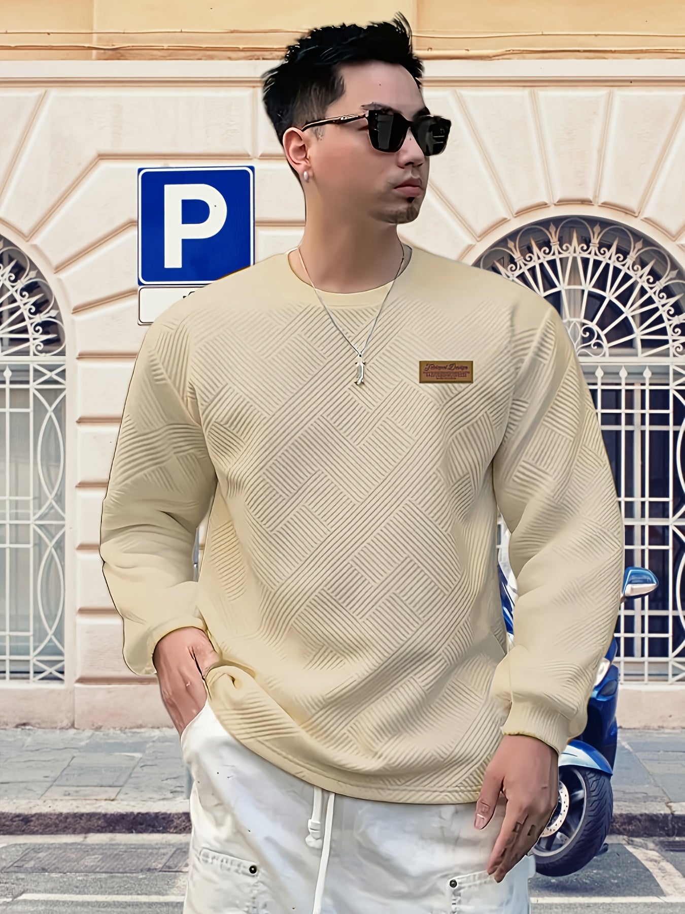 Valentine's Day Men's Gift, Men's Fashion Heavyweight Jacquard Crew Neck Long Sleeve Sweatshirt, Spring/Autumn Casual Comfortable Top for Daily Outings