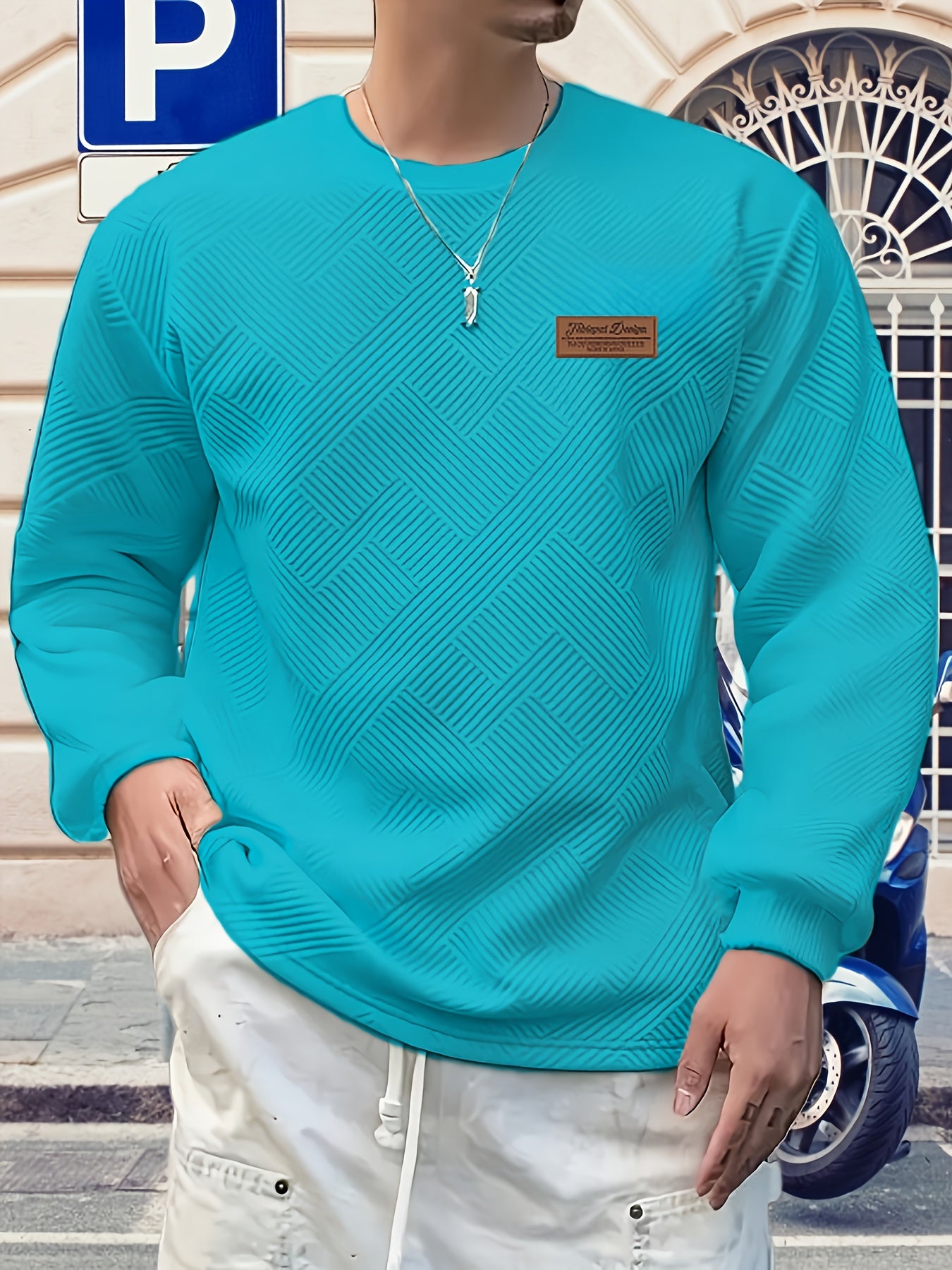 Valentine's Day Men's Gift, Men's Fashion Heavyweight Jacquard Crew Neck Long Sleeve Sweatshirt, Spring/Autumn Casual Comfortable Top for Daily Outings