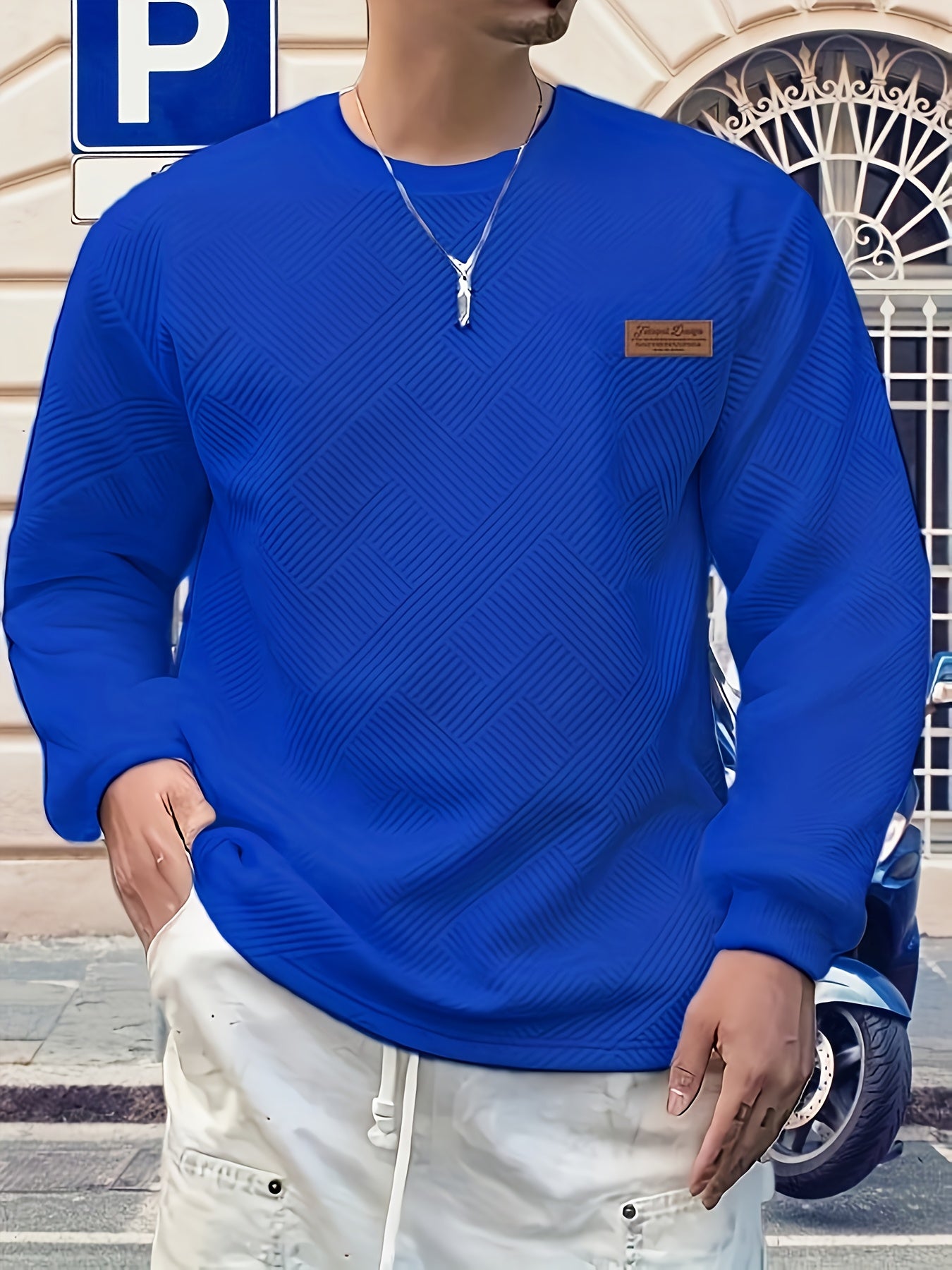 Valentine's Day Men's Gift, Men's Fashion Heavyweight Jacquard Crew Neck Long Sleeve Sweatshirt, Spring/Autumn Casual Comfortable Top for Daily Outings