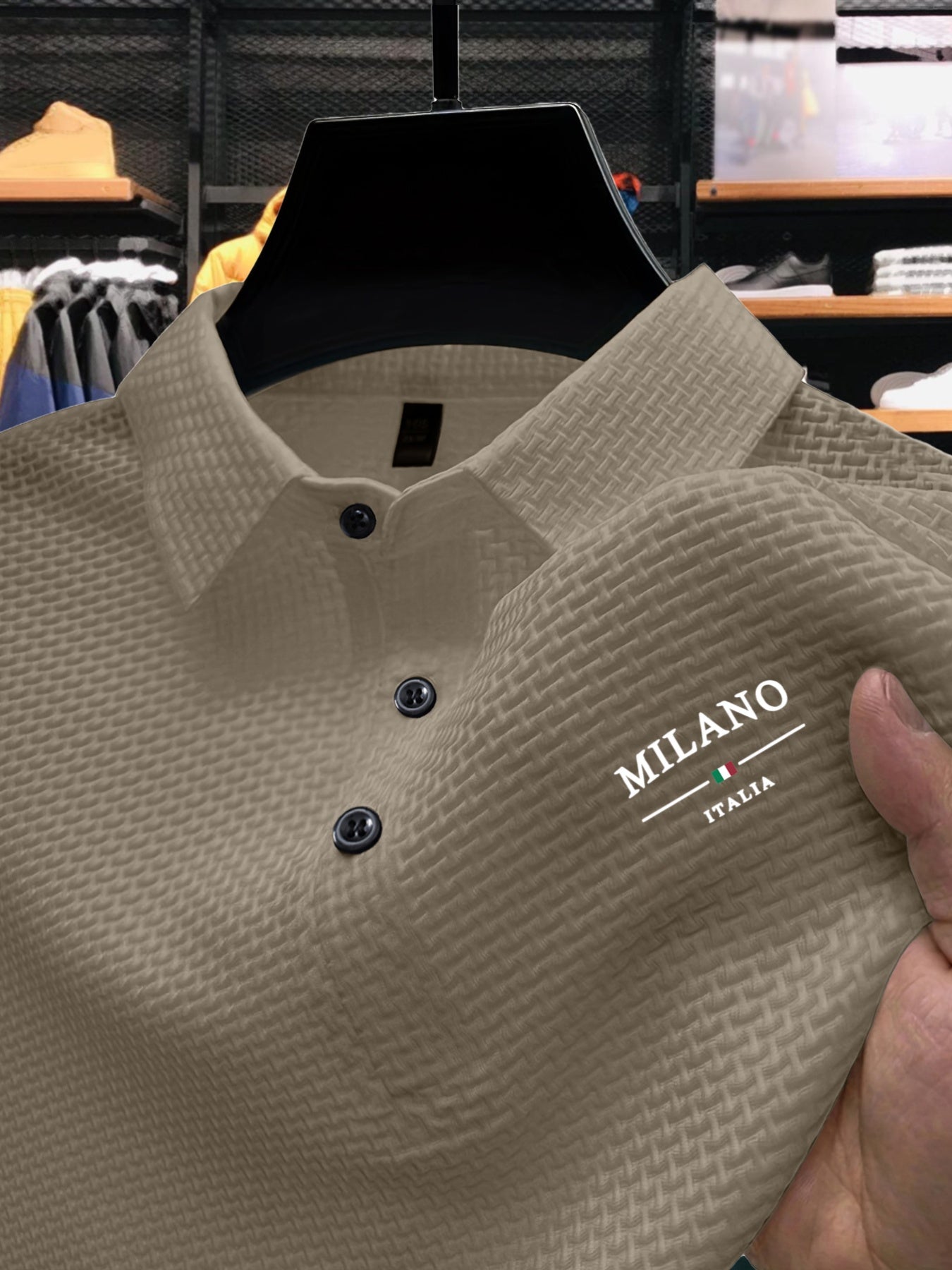 Men'S Short Sleeve Polo Shirt with Milan Letter Print | Casual Lapel Collar, Medium Stretch Fabric, Geometric Pattern, Button Details, Comfortable and Versatile for Summer