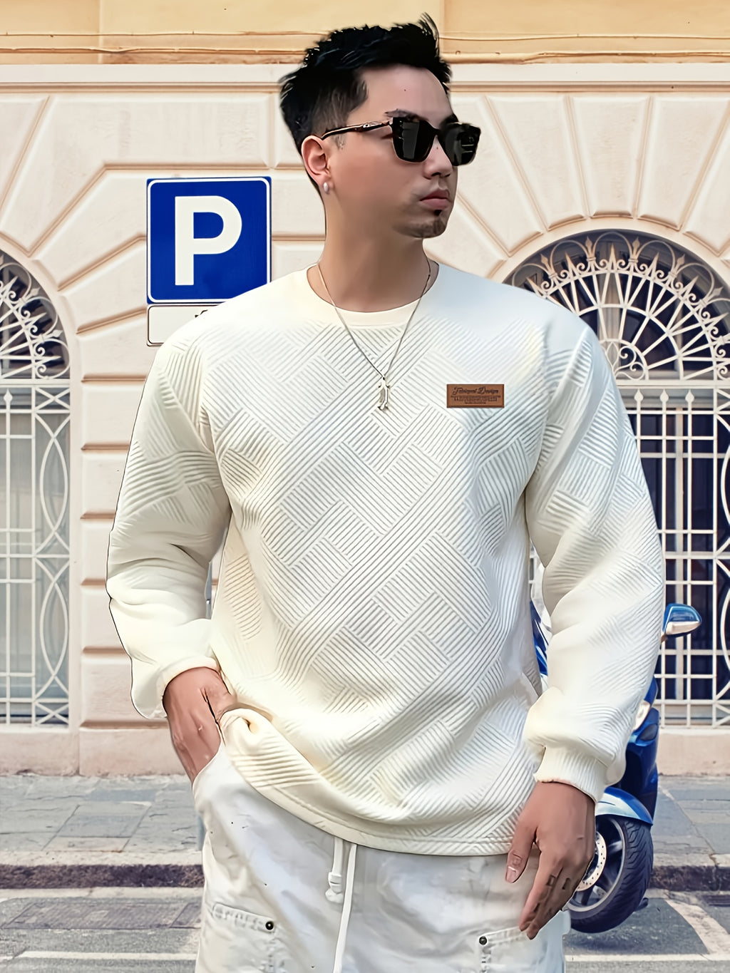 Valentine's Day Men's Gift, Men's Fashion Heavyweight Jacquard Crew Neck Long Sleeve Sweatshirt, Spring/Autumn Casual Comfortable Top for Daily Outings