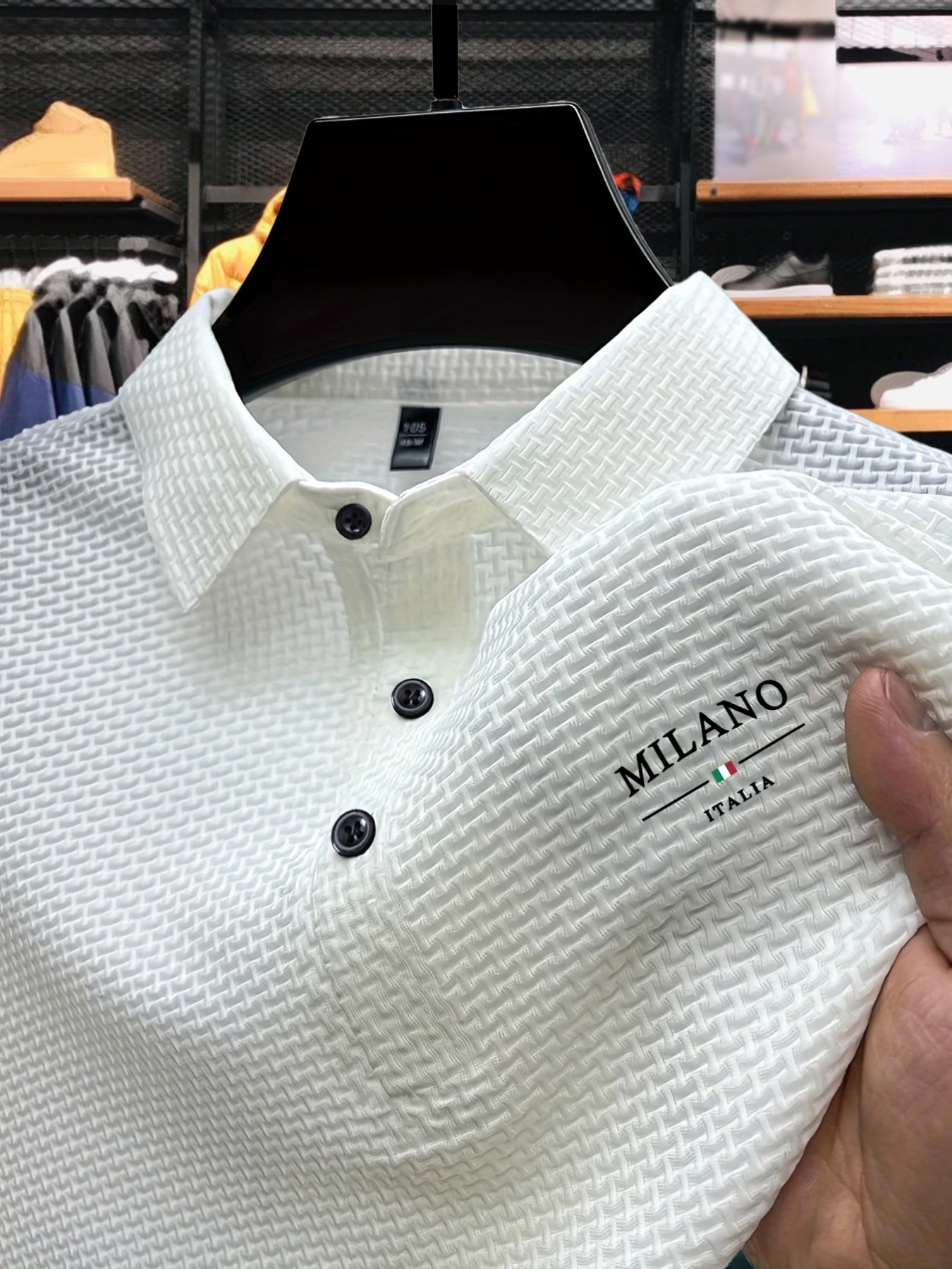 Men'S Short Sleeve Polo Shirt with Milan Letter Print | Casual Lapel Collar, Medium Stretch Fabric, Geometric Pattern, Button Details, Comfortable and Versatile for Summer