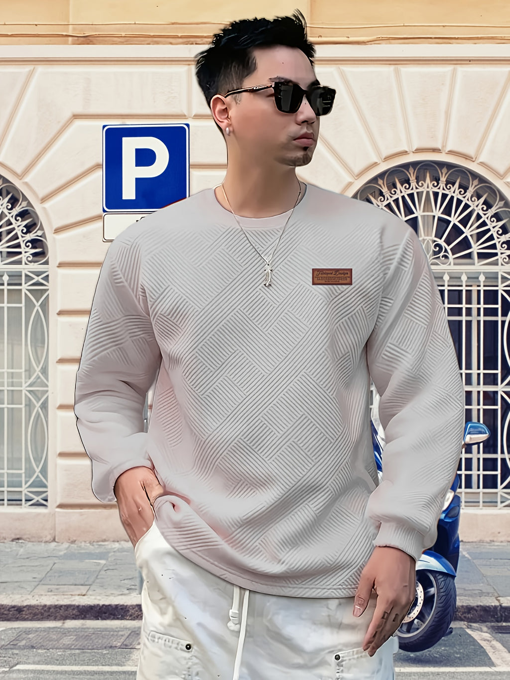 Valentine's Day Men's Gift, Men's Fashion Heavyweight Jacquard Crew Neck Long Sleeve Sweatshirt, Spring/Autumn Casual Comfortable Top for Daily Outings