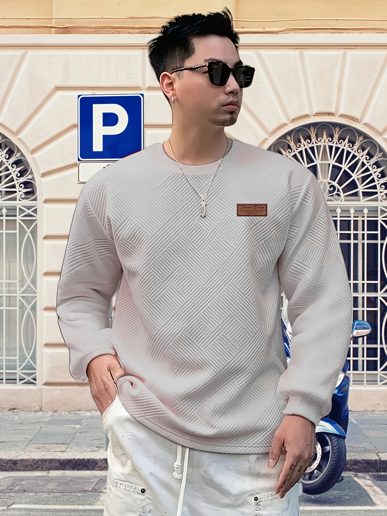 Valentine's Day Men's Gift, Men's Fashion Heavyweight Jacquard Crew Neck Long Sleeve Sweatshirt, Spring/Autumn Casual Comfortable Top for Daily Outings