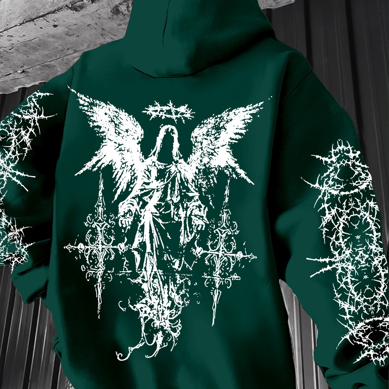 Men's Angel Element Graffiti Thorn Print Streetwear Hip-Hop Punk Style Hooded Sweatshirt, Regular Fit with Hooded Collar, Solid Color with Graphic Print, Casual Long-Sleeve Pullover