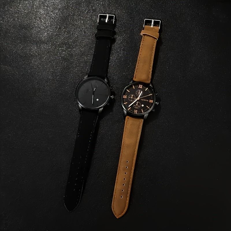 4-Piece Men's Fashion Watch Set, Quartz Sports Watch with Round Zinc Alloy Case, Faux Leather and Stainless Steel Straps, Battery Powered, Multi-Time Zone and Date Function, Ideal for Valentine's Day, Easter, Ramadan, Birthda
