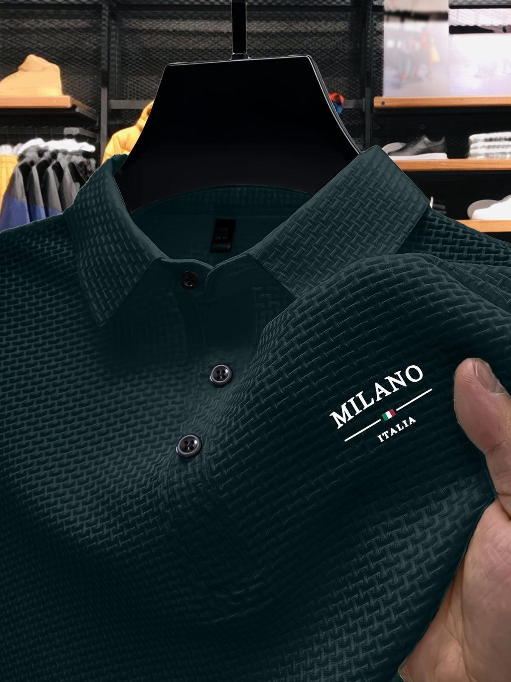 Men'S Short Sleeve Polo Shirt with Milan Letter Print | Casual Lapel Collar, Medium Stretch Fabric, Geometric Pattern, Button Details, Comfortable and Versatile for Summer