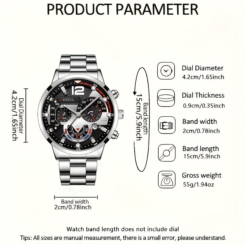 4-Piece Men's Fashion Watch Set, Quartz Sports Watch with Round Zinc Alloy Case, Faux Leather and Stainless Steel Straps, Battery Powered, Multi-Time Zone and Date Function, Ideal for Valentine's Day, Easter, Ramadan, Birthda