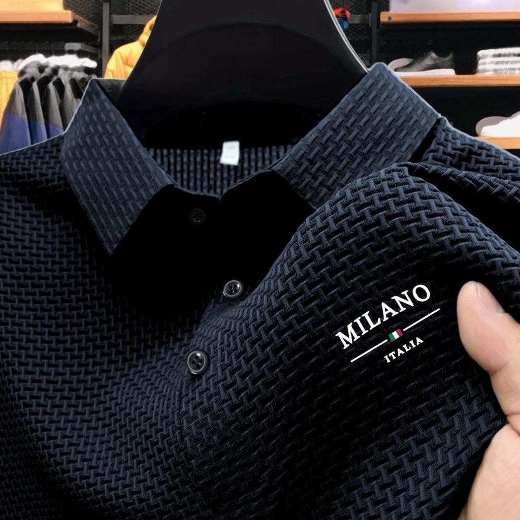 Men'S Short Sleeve Polo Shirt with Milan Letter Print | Casual Lapel Collar, Medium Stretch Fabric, Geometric Pattern, Button Details, Comfortable and Versatile for Summer