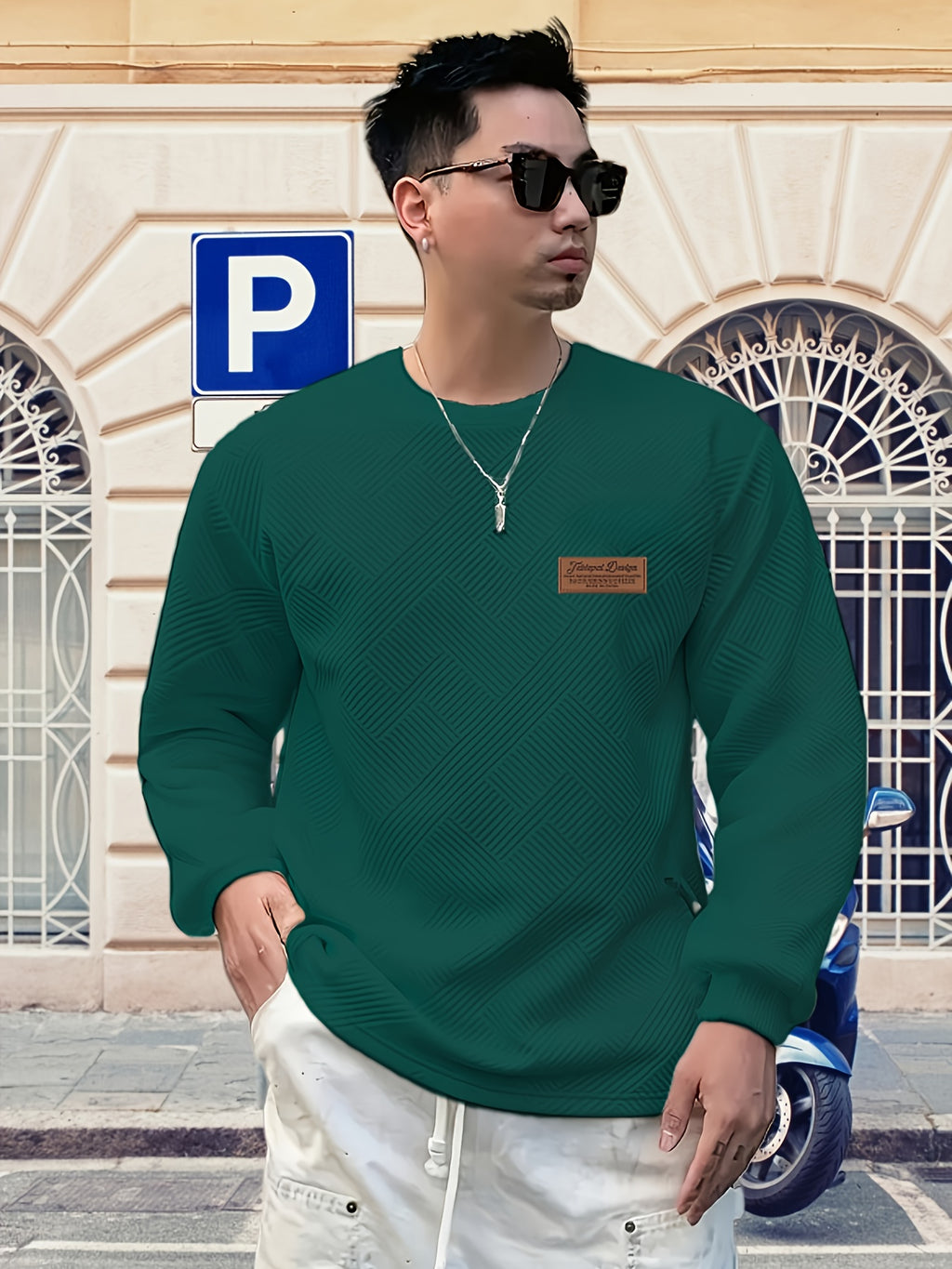 Valentine's Day Men's Gift, Men's Fashion Heavyweight Jacquard Crew Neck Long Sleeve Sweatshirt, Spring/Autumn Casual Comfortable Top for Daily Outings
