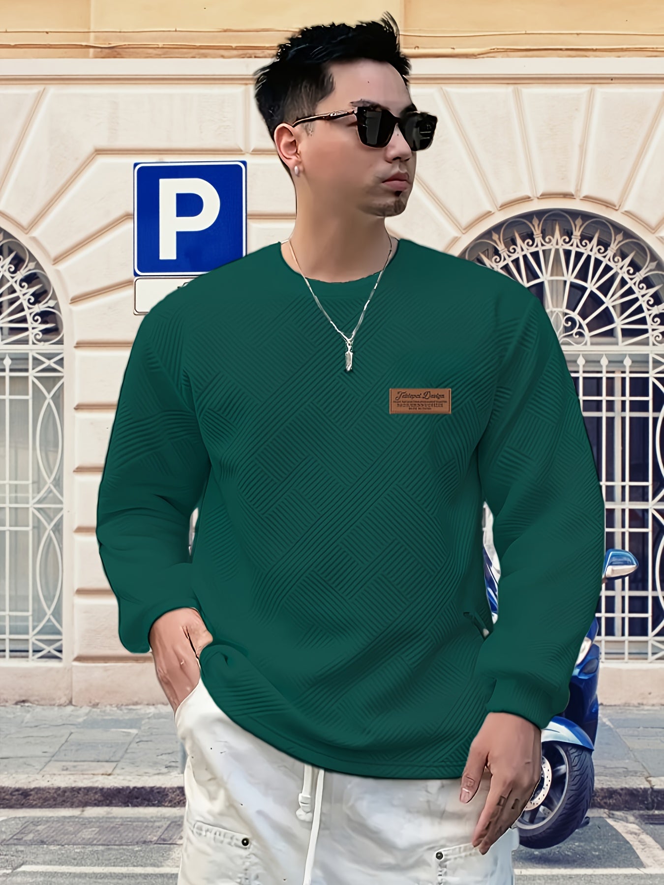 Valentine's Day Men's Gift, Men's Fashion Heavyweight Jacquard Crew Neck Long Sleeve Sweatshirt, Spring/Autumn Casual Comfortable Top for Daily Outings