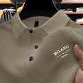 Men'S Short Sleeve Polo Shirt with Milan Letter Print | Casual Lapel Collar, Medium Stretch Fabric, Geometric Pattern, Button Details, Comfortable and Versatile for Summer