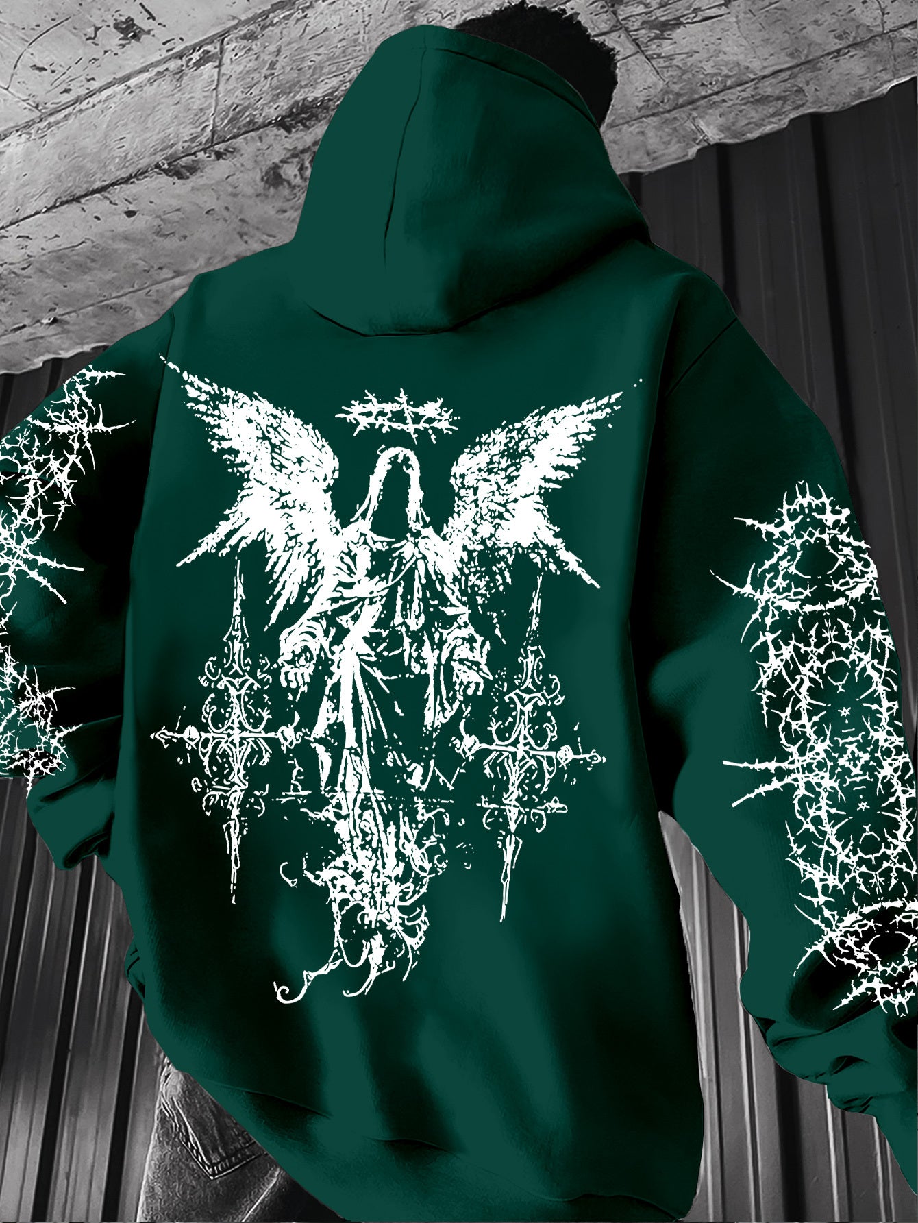 Men's Angel Element Graffiti Thorn Print Streetwear Hip-Hop Punk Style Hooded Sweatshirt, Regular Fit with Hooded Collar, Solid Color with Graphic Print, Casual Long-Sleeve Pullover