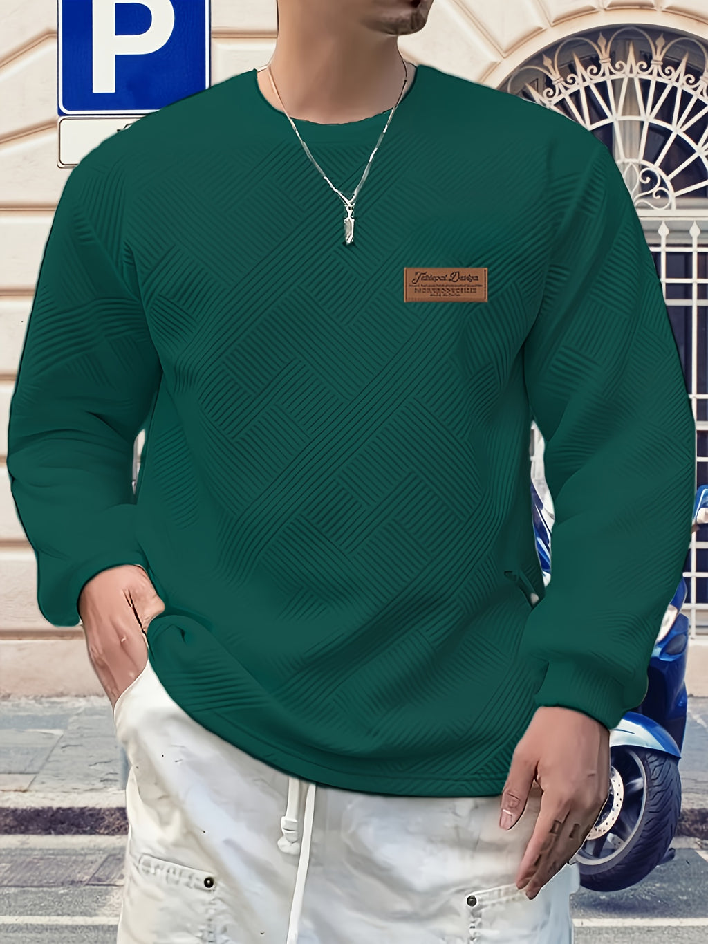 Valentine's Day Men's Gift, Men's Fashion Heavyweight Jacquard Crew Neck Long Sleeve Sweatshirt, Spring/Autumn Casual Comfortable Top for Daily Outings