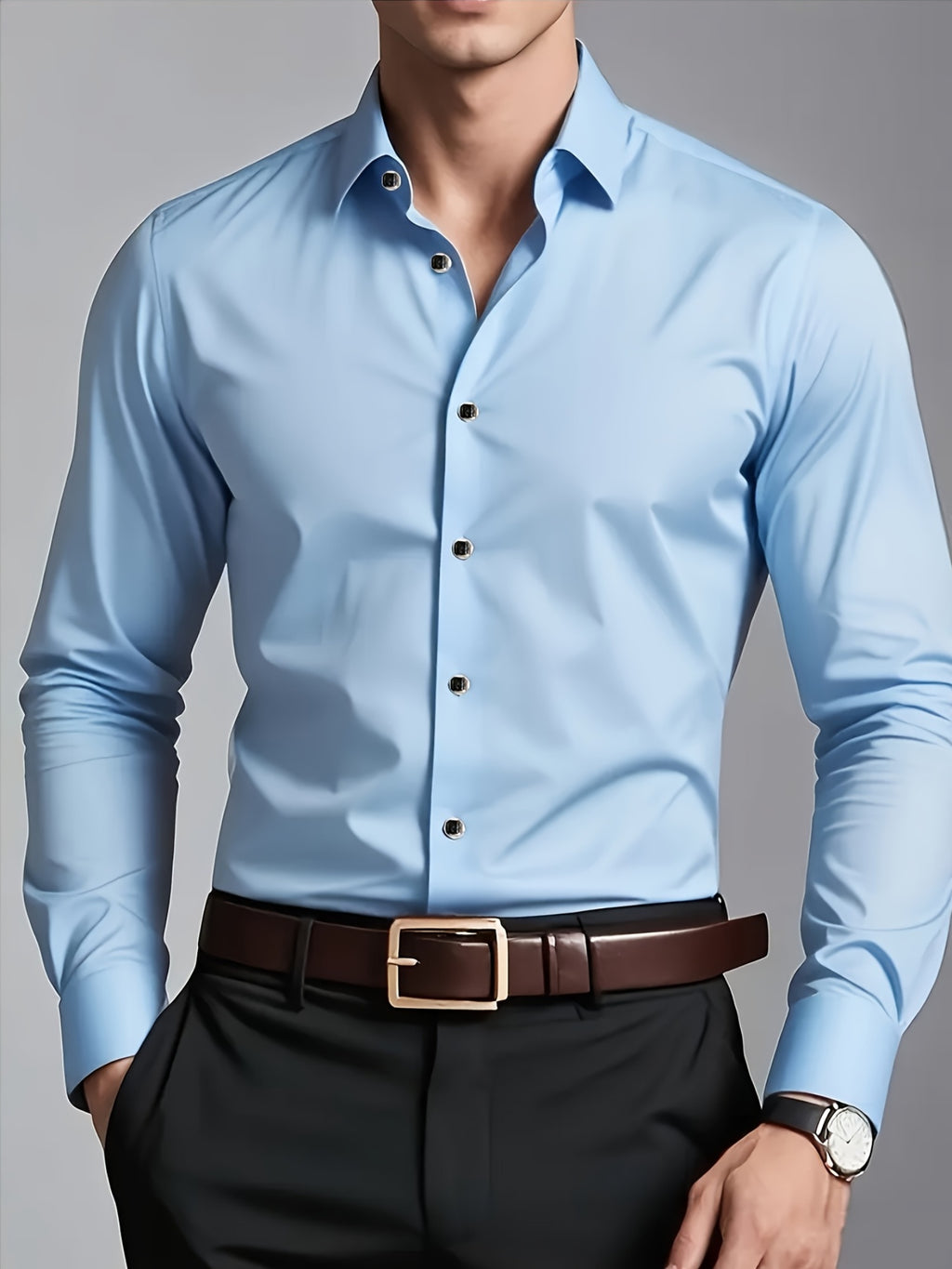 Men'S Slim-Fit Elegant Black Long Sleeve Button-Up Shirt - Lightweight Fabric, Smooth Texture, Suitable for Casual And Formal Occasions, Stylish Design, Durable Material, Professional Attire, Modern Men'S Fashion, High-Qualit