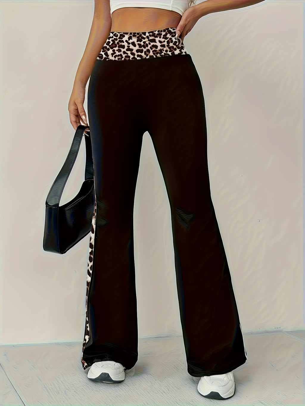 Women'S High-Waisted Flare Pants - Sexy Leopard Print Side Accent, All-Season Non-See-Through Trousers, Machine Washable for Parties, Everyday & Formal Outfits - Bold Fashion Bottoms, Party Attire, Comfortable Fit, Stylish Bo