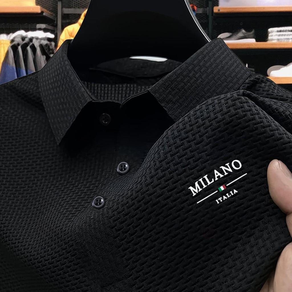 Men'S Short Sleeve Polo Shirt with Milan Letter Print | Casual Lapel Collar, Medium Stretch Fabric, Geometric Pattern, Button Details, Comfortable and Versatile for Summer