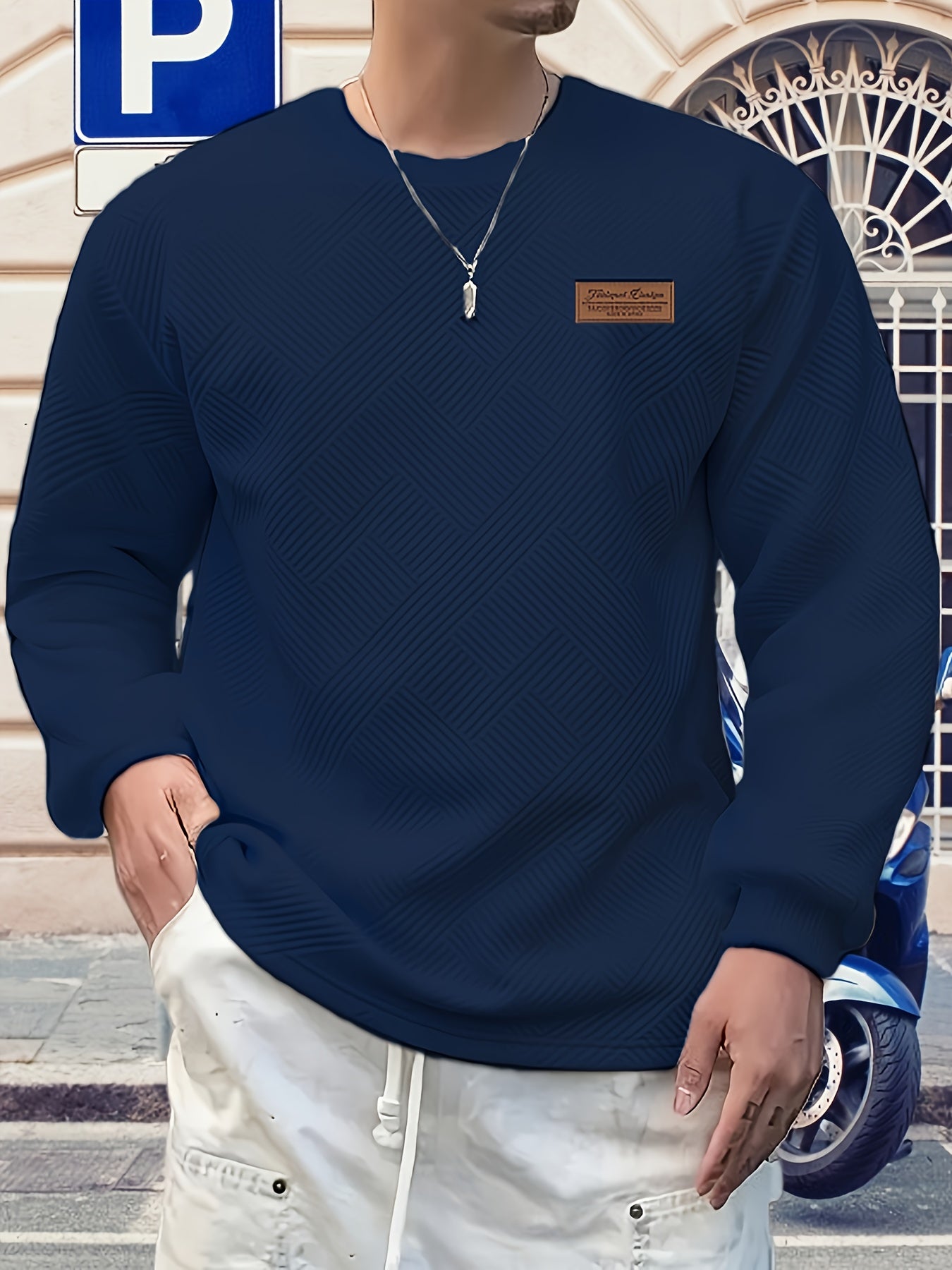 Valentine's Day Men's Gift, Men's Fashion Heavyweight Jacquard Crew Neck Long Sleeve Sweatshirt, Spring/Autumn Casual Comfortable Top for Daily Outings