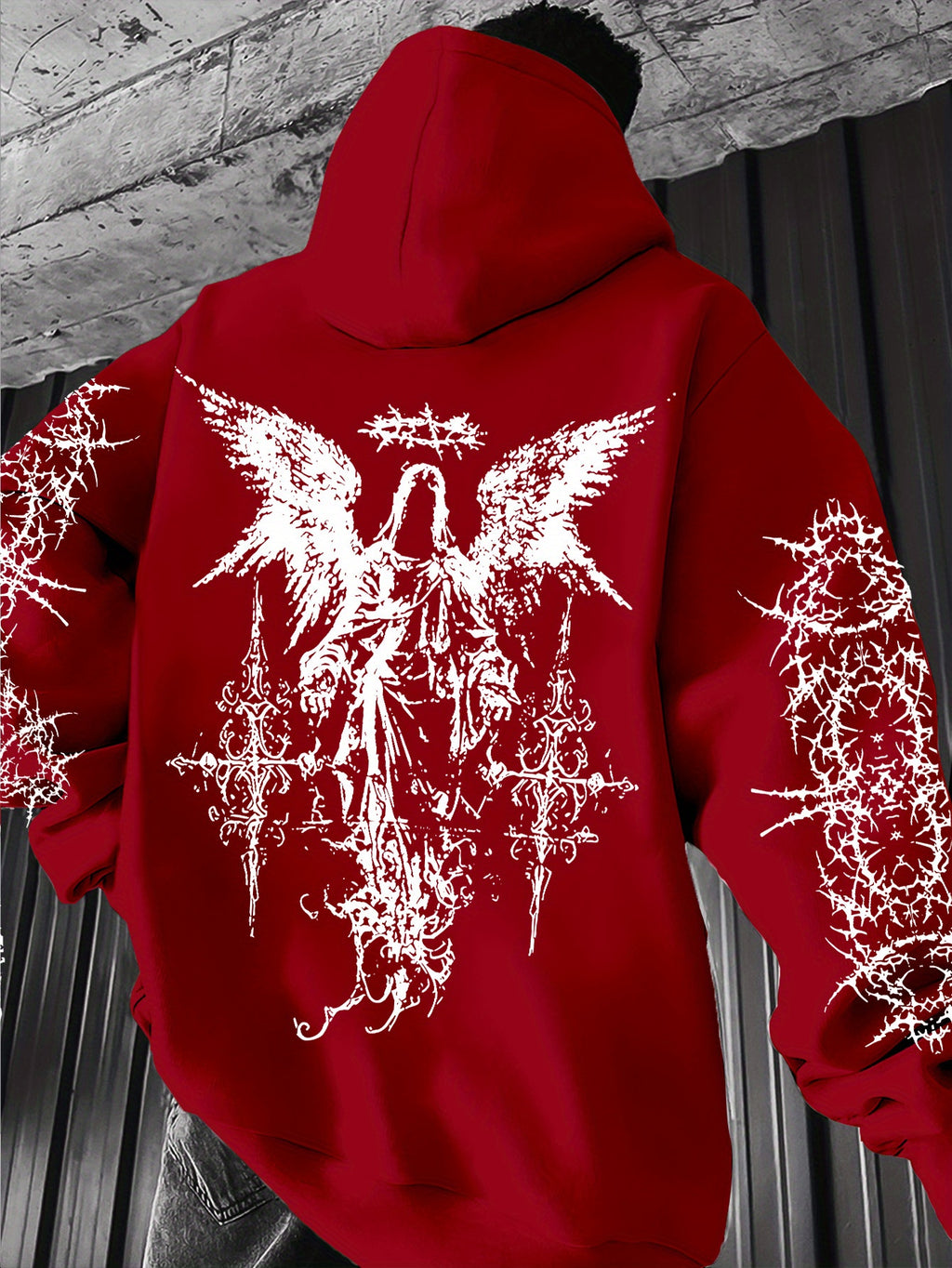 Men's Angel Element Graffiti Thorn Print Streetwear Hip-Hop Punk Style Hooded Sweatshirt, Regular Fit with Hooded Collar, Solid Color with Graphic Print, Casual Long-Sleeve Pullover
