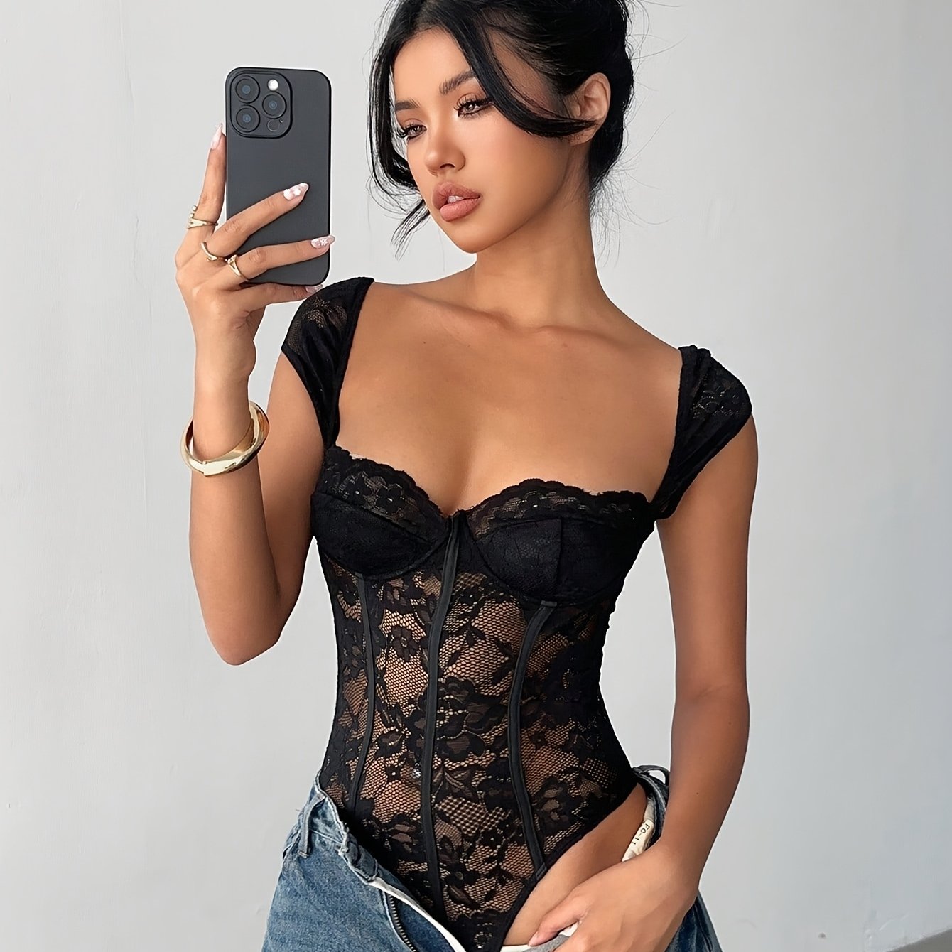 Women's Short Bodysuit, Elegant Party Jumpsuit, Sexy Fishbone Lace Trim Tight-fitting Outfit Suitable for Valentine's Day Parties, Date Nights, and Evening Events, Korean Fashion, Women's Tight-fitting Corset, Women's Casual