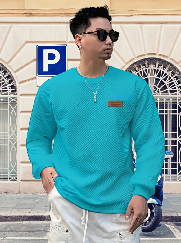 Valentine's Day Men's Gift, Men's Fashion Heavyweight Jacquard Crew Neck Long Sleeve Sweatshirt, Spring/Autumn Casual Comfortable Top for Daily Outings