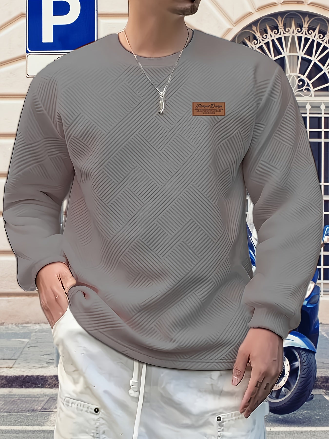 Valentine's Day Men's Gift, Men's Fashion Heavyweight Jacquard Crew Neck Long Sleeve Sweatshirt, Spring/Autumn Casual Comfortable Top for Daily Outings