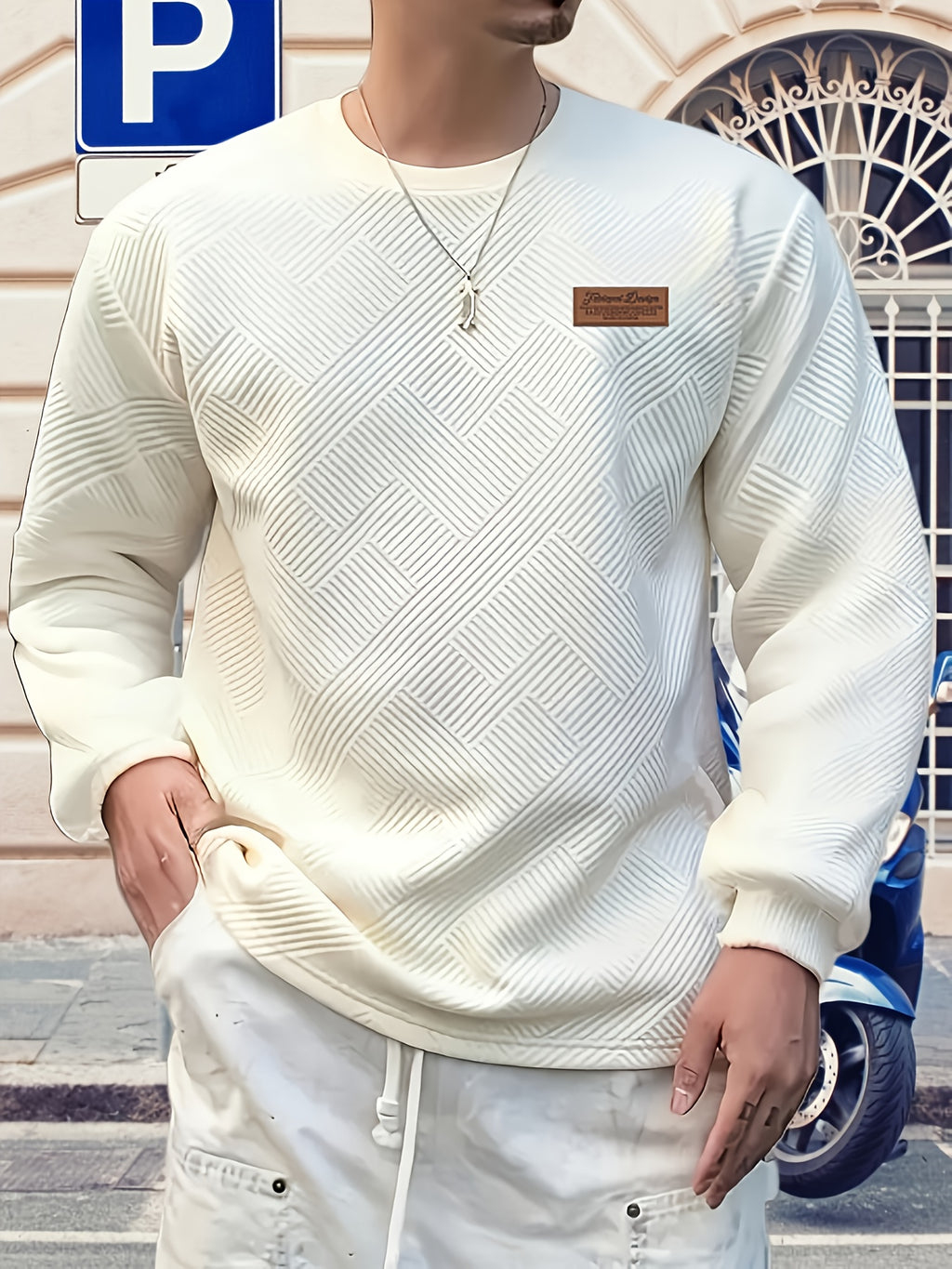 Valentine's Day Men's Gift, Men's Fashion Heavyweight Jacquard Crew Neck Long Sleeve Sweatshirt, Spring/Autumn Casual Comfortable Top for Daily Outings