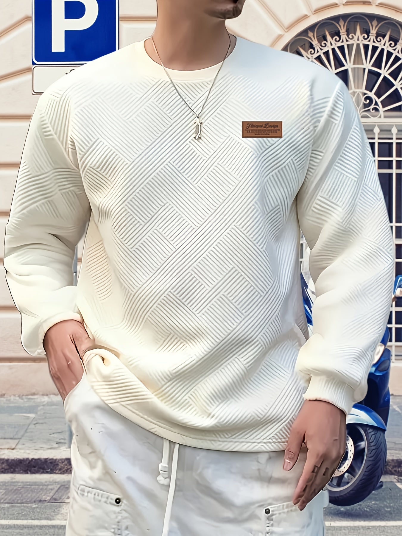 Valentine's Day Men's Gift, Men's Fashion Heavyweight Jacquard Crew Neck Long Sleeve Sweatshirt, Spring/Autumn Casual Comfortable Top for Daily Outings