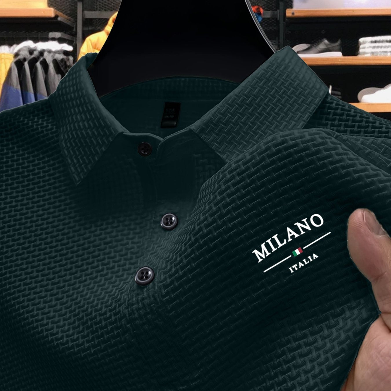 Men'S Short Sleeve Polo Shirt with Milan Letter Print | Casual Lapel Collar, Medium Stretch Fabric, Geometric Pattern, Button Details, Comfortable and Versatile for Summer