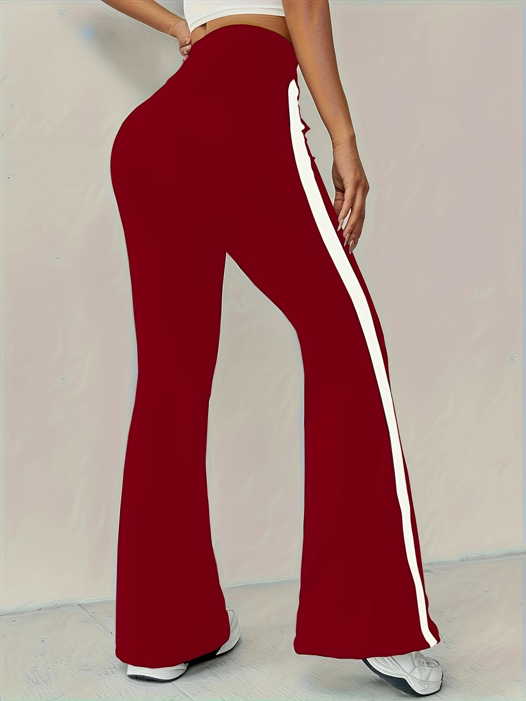 High-Waist Black Flare Pants with White Side Stripes | and Leg-Lengthening, Casual Style, Suitable for All Seasons