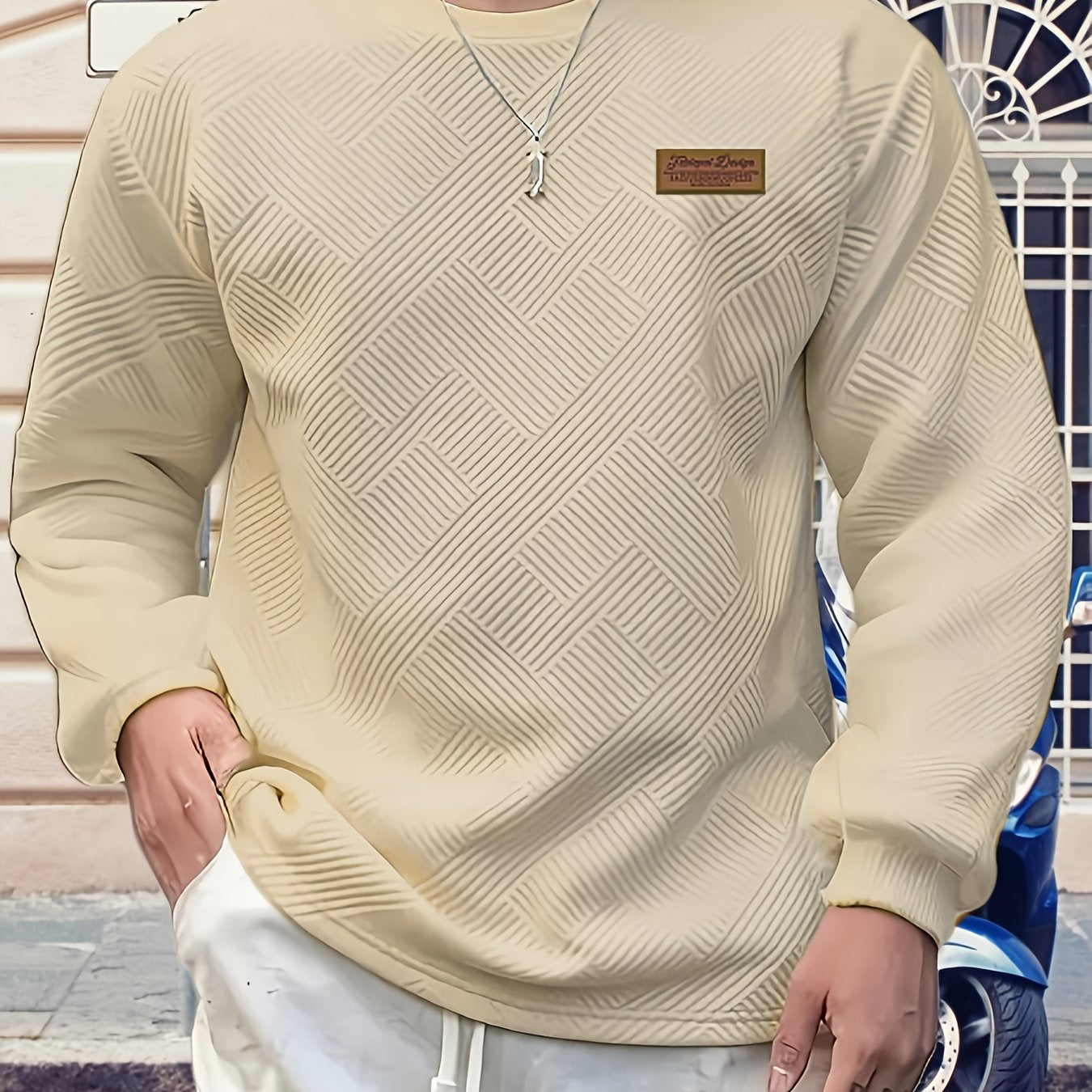 Valentine's Day Men's Gift, Men's Fashion Heavyweight Jacquard Crew Neck Long Sleeve Sweatshirt, Spring/Autumn Casual Comfortable Top for Daily Outings