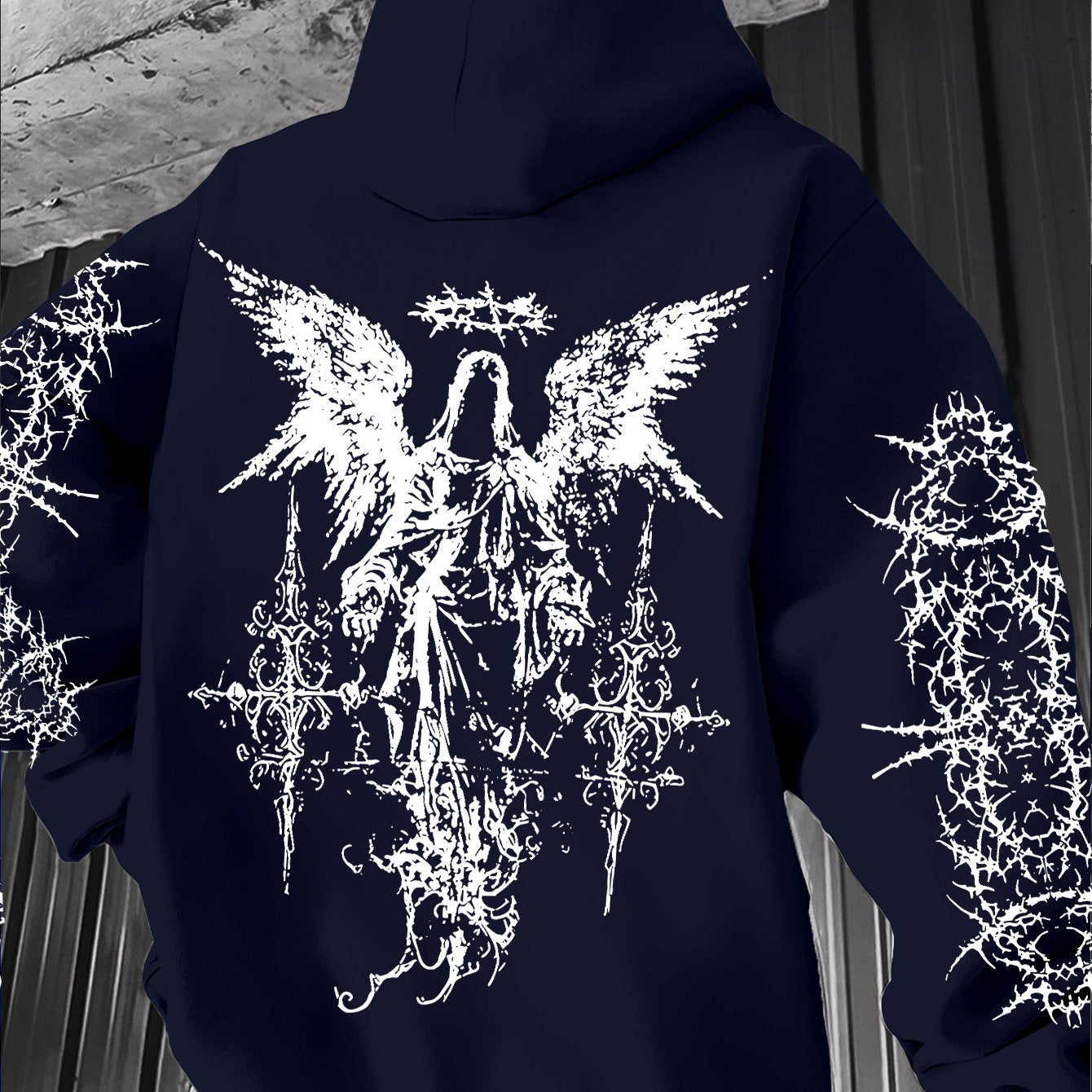 Men's Angel Element Graffiti Thorn Print Streetwear Hip-Hop Punk Style Hooded Sweatshirt, Regular Fit with Hooded Collar, Solid Color with Graphic Print, Casual Long-Sleeve Pullover