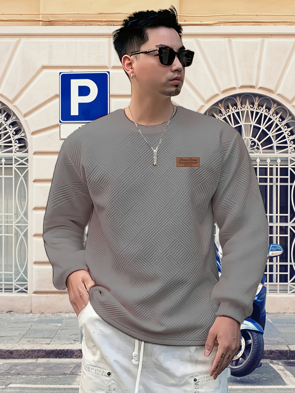 Valentine's Day Men's Gift, Men's Fashion Heavyweight Jacquard Crew Neck Long Sleeve Sweatshirt, Spring/Autumn Casual Comfortable Top for Daily Outings