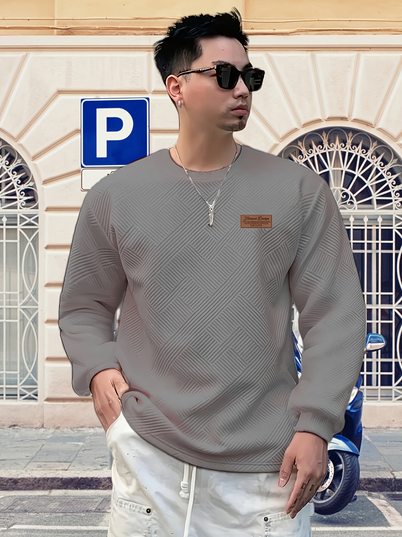 Valentine's Day Men's Gift, Men's Fashion Heavyweight Jacquard Crew Neck Long Sleeve Sweatshirt, Spring/Autumn Casual Comfortable Top for Daily Outings