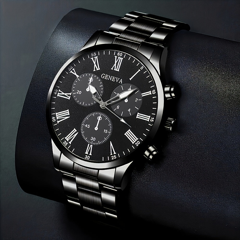 4-Piece Men's Fashion Watch Set, Quartz Sports Watch with Round Zinc Alloy Case, Faux Leather and Stainless Steel Straps, Battery Powered, Multi-Time Zone and Date Function, Ideal for Valentine's Day, Easter, Ramadan, Birthda