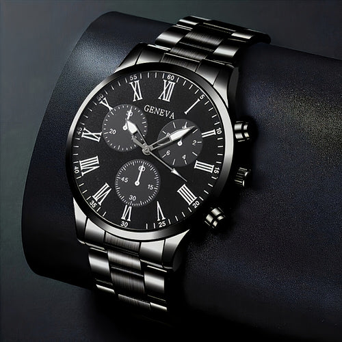 4-Piece Men's Fashion Watch Set, Quartz Sports Watch with Round Zinc Alloy Case, Faux Leather and Stainless Steel Straps, Battery Powered, Multi-Time Zone and Date Function, Ideal for Valentine's Day, Easter, Ramadan, Birthda